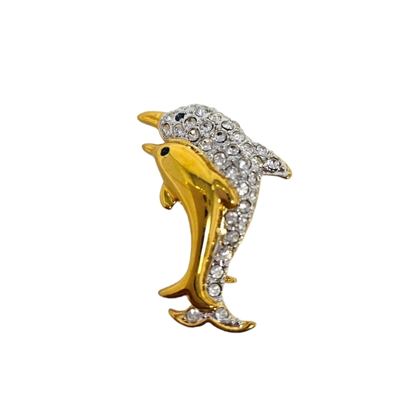 Dolphin Mother and Child Brooch Pin Rhinestones Gold Tone - Picture 9 of 9